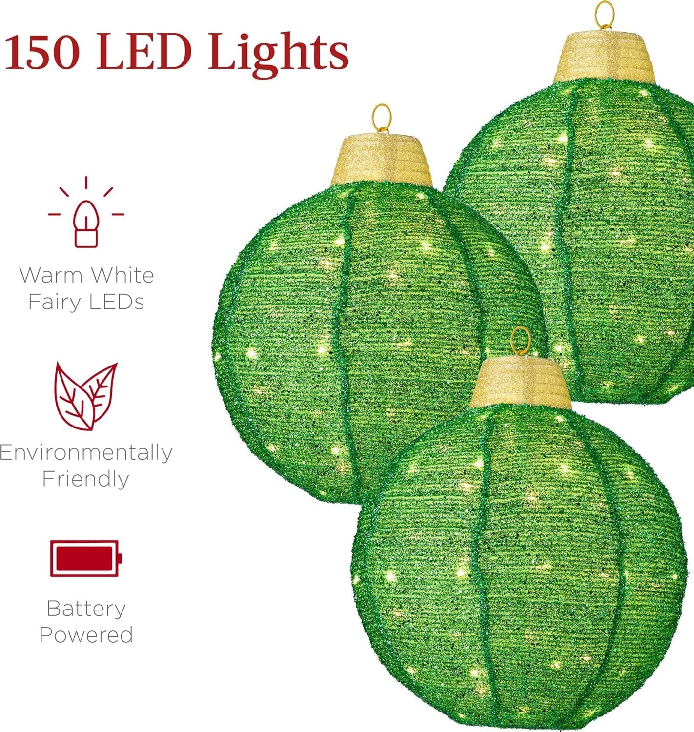 Three green LED lights with battery power indicator on a white background